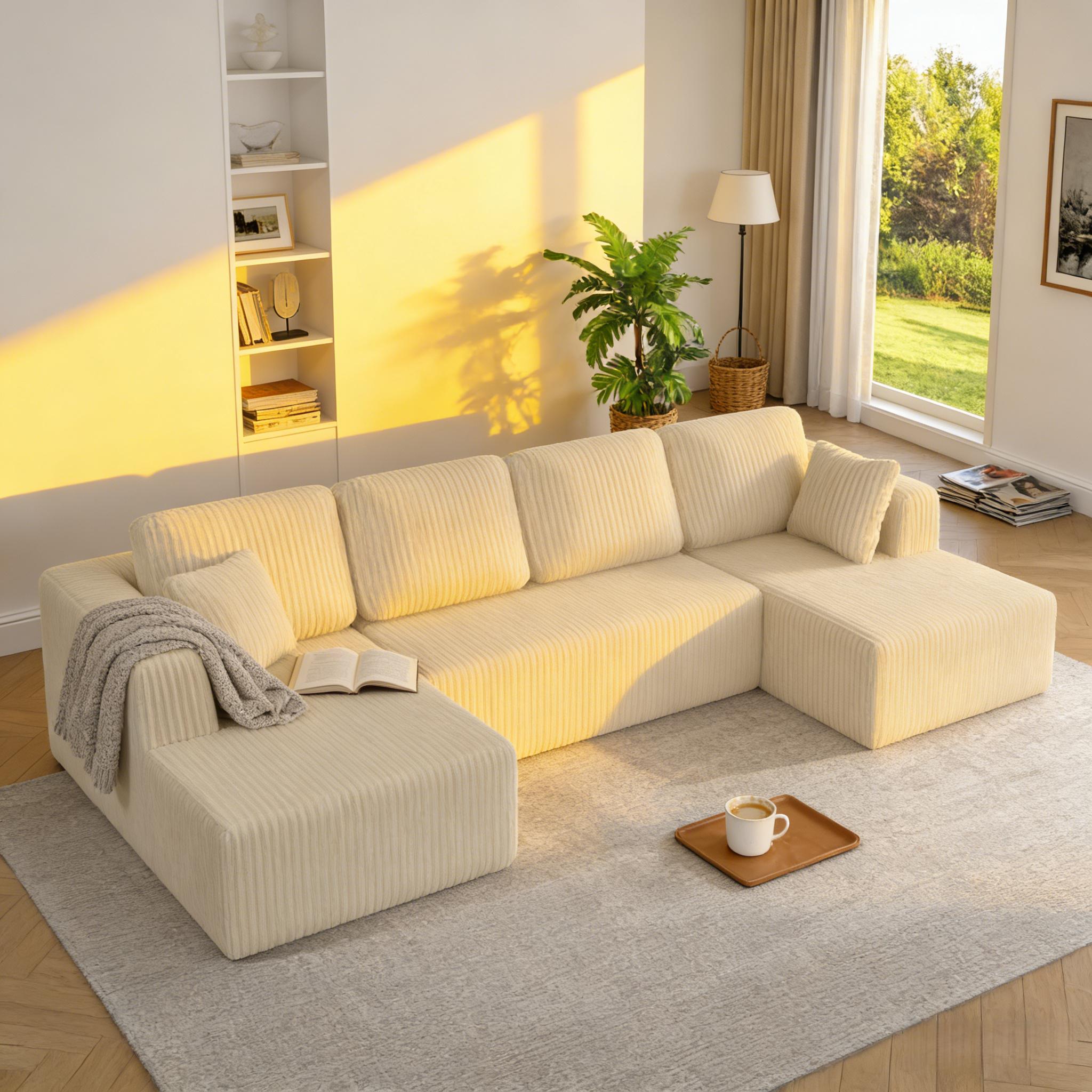 [3 Packs Shipped] Niccae 132-inch U-Shaped Sectional Corduroy Sofa - Modern and Soft for Living Room, Comfortable, No Assembly Required, Popular Boneless Sectional Sofa for Multiple People