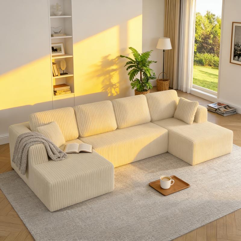 [3 Packs Shipped] Niccae 132-inch U-Shaped Sectional Corduroy Sofa - Modern and Soft for Living Room, Comfortable, No Assembly Required, Popular Boneless Sectional Sofa for Multiple People