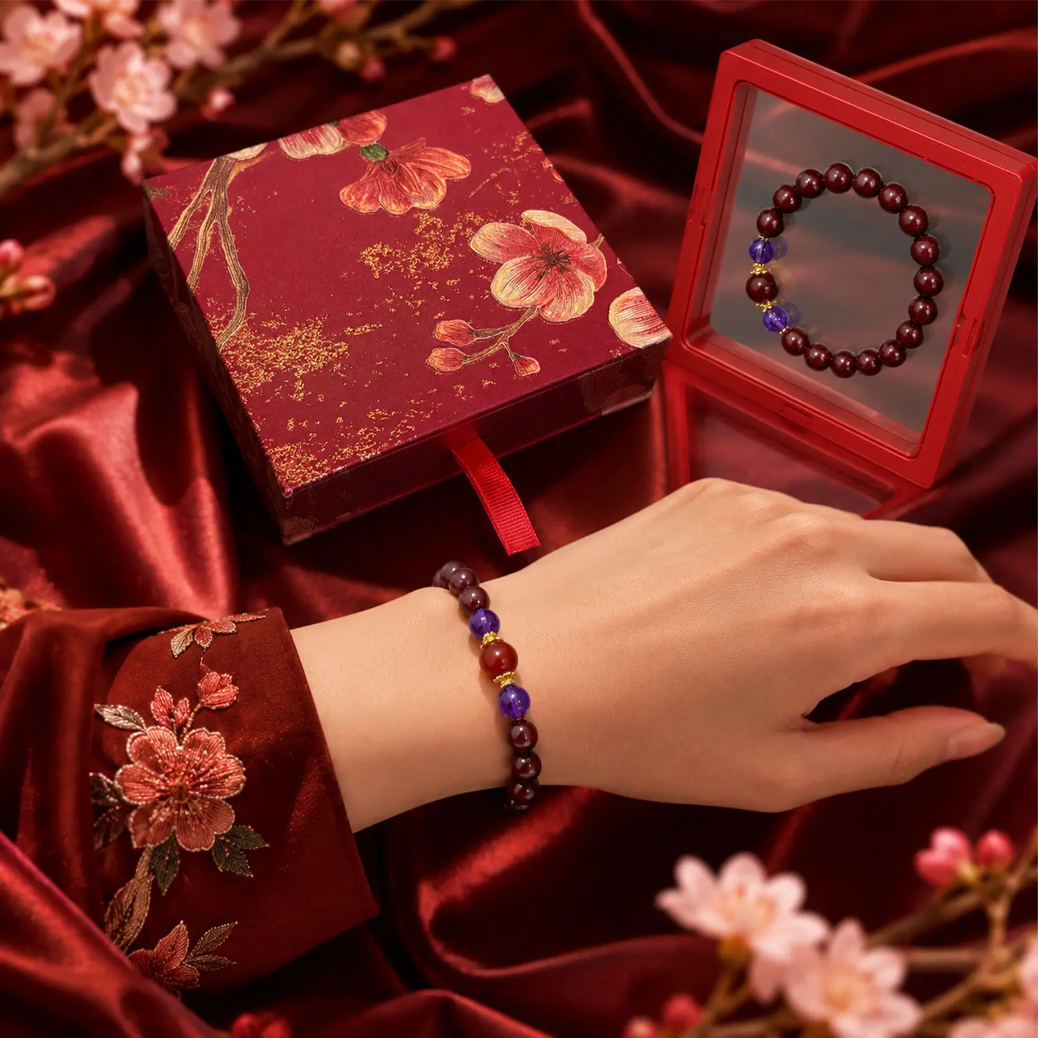 Red Aromatic Bead Bracelet Gift Set, 10mm Incense Bead Bracelet with Purple Accent Beads, Floating Display Box, Floral Gift Box, Care Card, Women Jewelry Gift