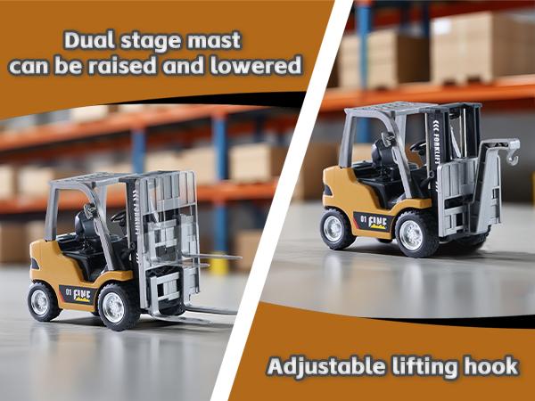 Mini Remote Control Forklift Toy - Rechargeable Battery Included, 2 in 1 Transformable Lift Fork & Hook with Lights & Sounds, Construction Vehicle Toys, Release pressure