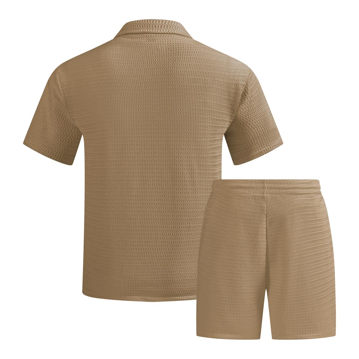 Men's solid color summer vacation set, regular style, paired with textured button down short sleeved shirt and matching drawstring shorts, easily interprets the exquisite coastal style, casual travel, vacation and leisure Men's solid color summer vacation set, regular style, paired with textured button down short sleeved shirt and matching drawstring shorts, easily interprets the exquisite coastal style, casual travel, vacation and leisure