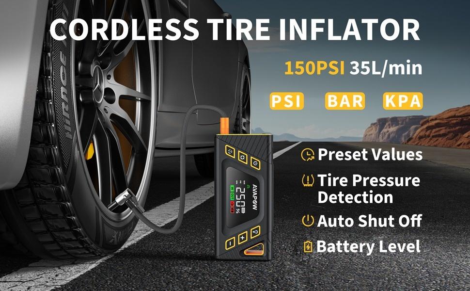 [6in1]24000mAh Jump Starter with Air Compressor,12V 150PSI Car Jump Box(for All Gas/10L Diesel),PD30W Type-C IN/OUT,2 USB output ports,800-LUMEN LED&3 modes Lights