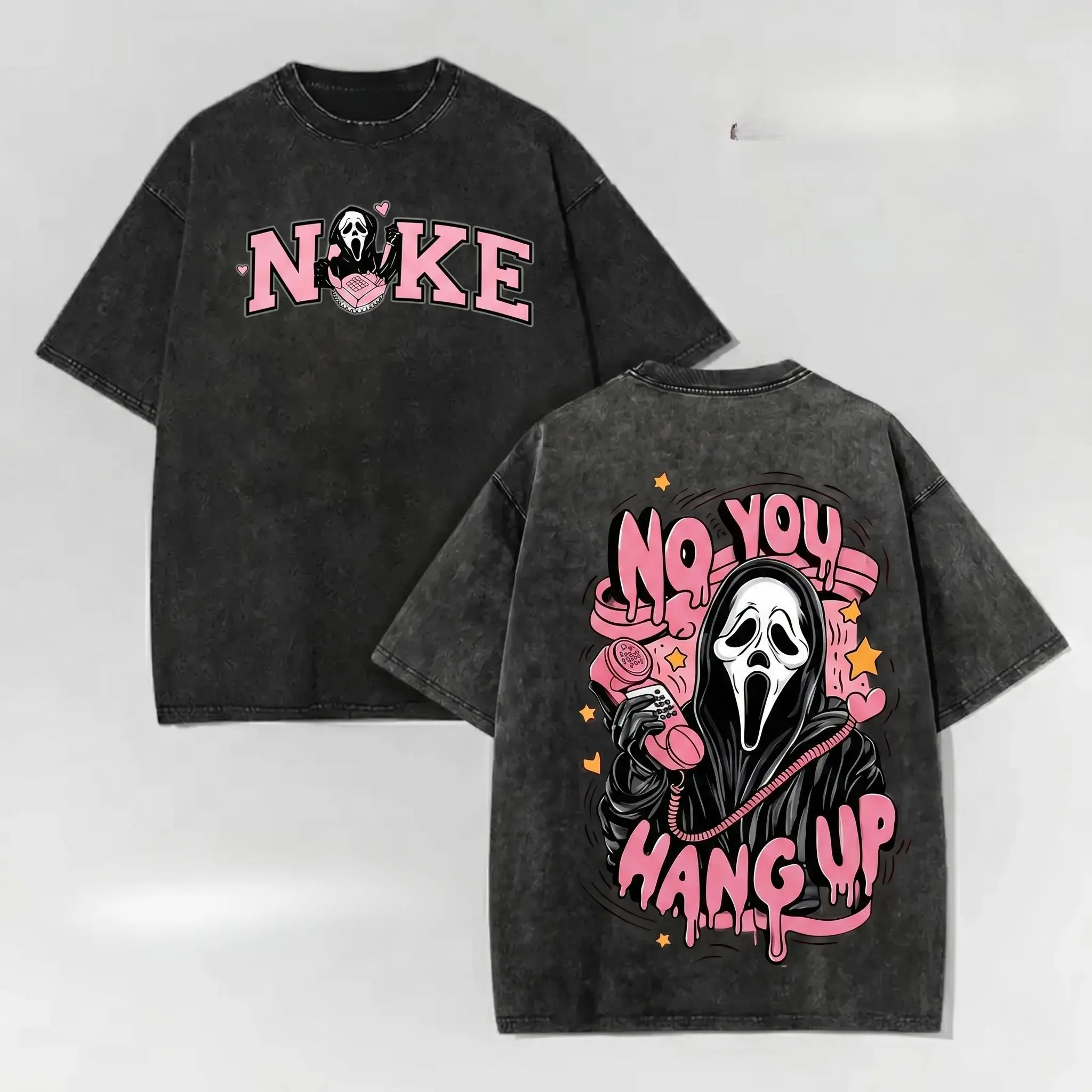 Vintage Acid Wash "No You Hang Up" Graphic Tee| Creepy Cute Ghost Oversized Shirt|   Y2K Parody Streetwear short-sleeved t-shirt men tees top vintage menswear loose fit summer casual shirt