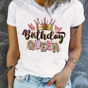 Birthday Queen Print T-shirt, Casual Crew Neck Short Sleeve Top, Women's Clothing