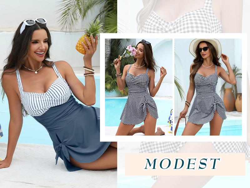 Blooming Jelly Womens Gingham One Piece  Swim Dress Tummy Control Swimsuits Modest Bathing Suit Full Coverage Swim Skirt