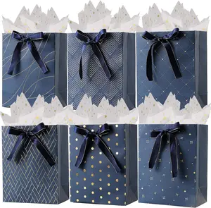 6 Pack Medium Navy Blue Paper Gift Bags with Handles and Tissue Paper – Party Favor Bags for Birthday, Graduation, Holiday Gifts