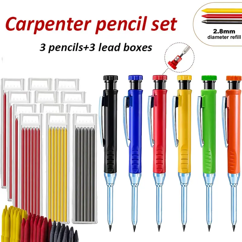 2.8mm Metal Long Tip Woodworking Mechanical Pencils Set, 3 Colors Available Deep Hole Scribing Woodworking Pencils, Engineering Drawing Scribing Pencils Fine Writing Instruments, Woodworking Tools, Carpentry Tools (3pens+3box leads)