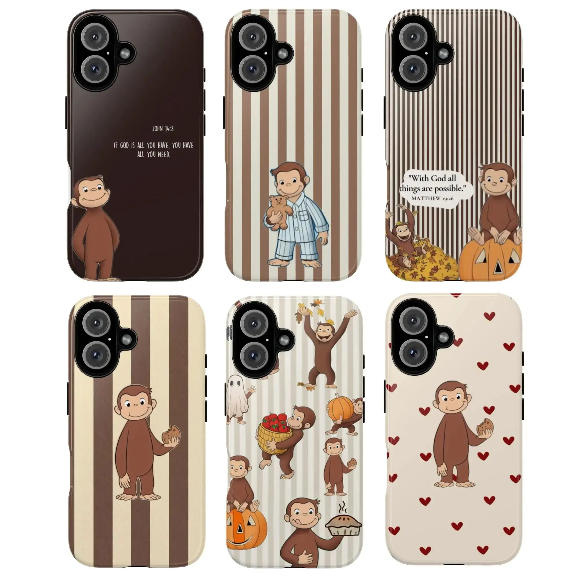 Cute Monkey Tough Phone Case, Curious George Phone Cover, Brown Striped & Heart Pattern Christian Quote Design Protective Cover, gift