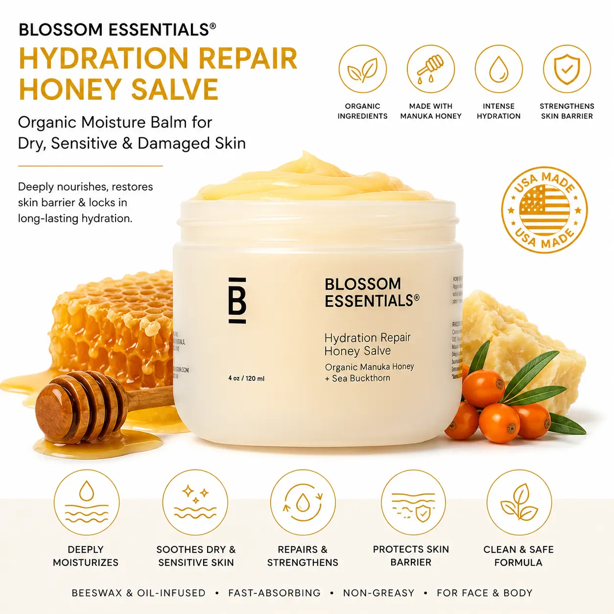 Blossom Essentials Natural Hydration Repair Honey Salve - Beeswax & Oil-Infused Moisturizer for Dry, Sensitive Skin - Fast-Absorbing, Skin Barrier Repair Balm for Adults - USA-Made, 4oz, Hydrate Moisture Daily, Nourishing, Slugging, Body Balm, Mature, Sea