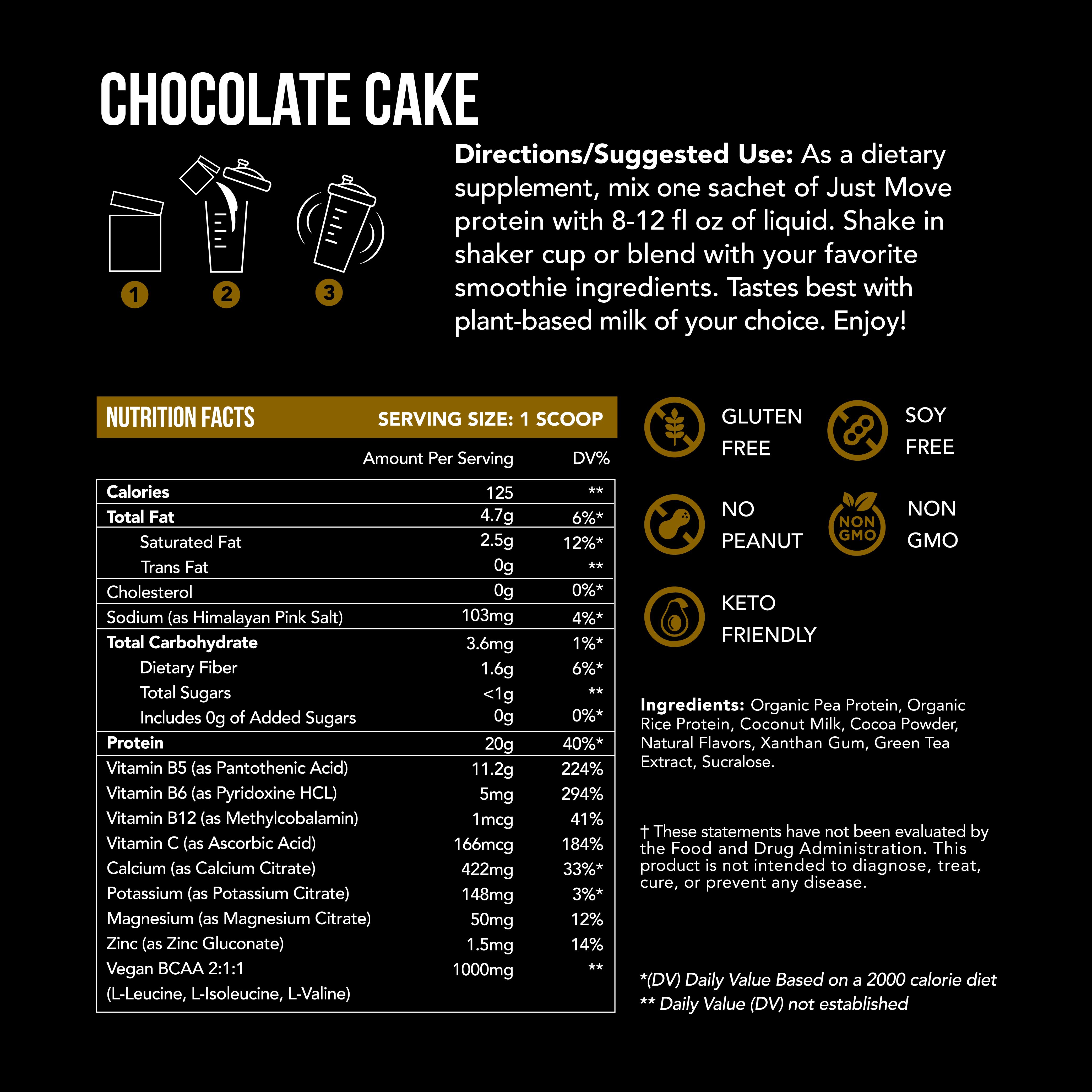 Just Move Protein - Chocolate Cake - Vegan (Plant Based) Organic, Dairy Free, Soy Free, Gluten Free, Keto, Peanut Free, 20g Protein, Low Carb, Non GMO supplements protein powder post-workout recovery Cocoa