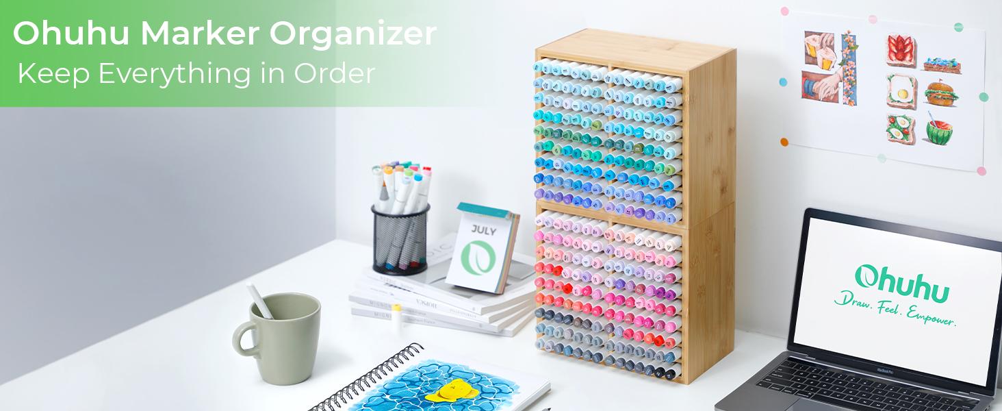 Ohuhu Bamboo Marker Organizer: Holds up to 126 Markers - with 18 Compartments - Right Angle Side - Wooden - Art Brushes Stationary Organizer Pencil Holder  for Home, Classroom, Office Decor - Marker Organizer Series of Ohuhuart