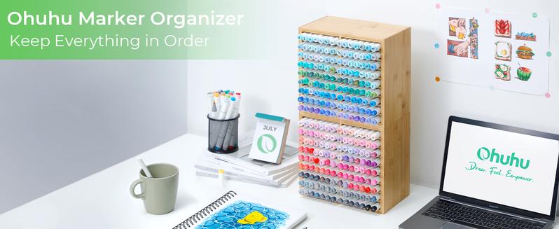 Ohuhu Bamboo Marker Organizer: Holds up to 126 Markers - with 18 Compartments - Right Angle Side - Wooden - Art Brushes Stationary Organizer Pencil Holder  for Home, Classroom, Office Decor - Marker Organizer Series of Ohuhuart