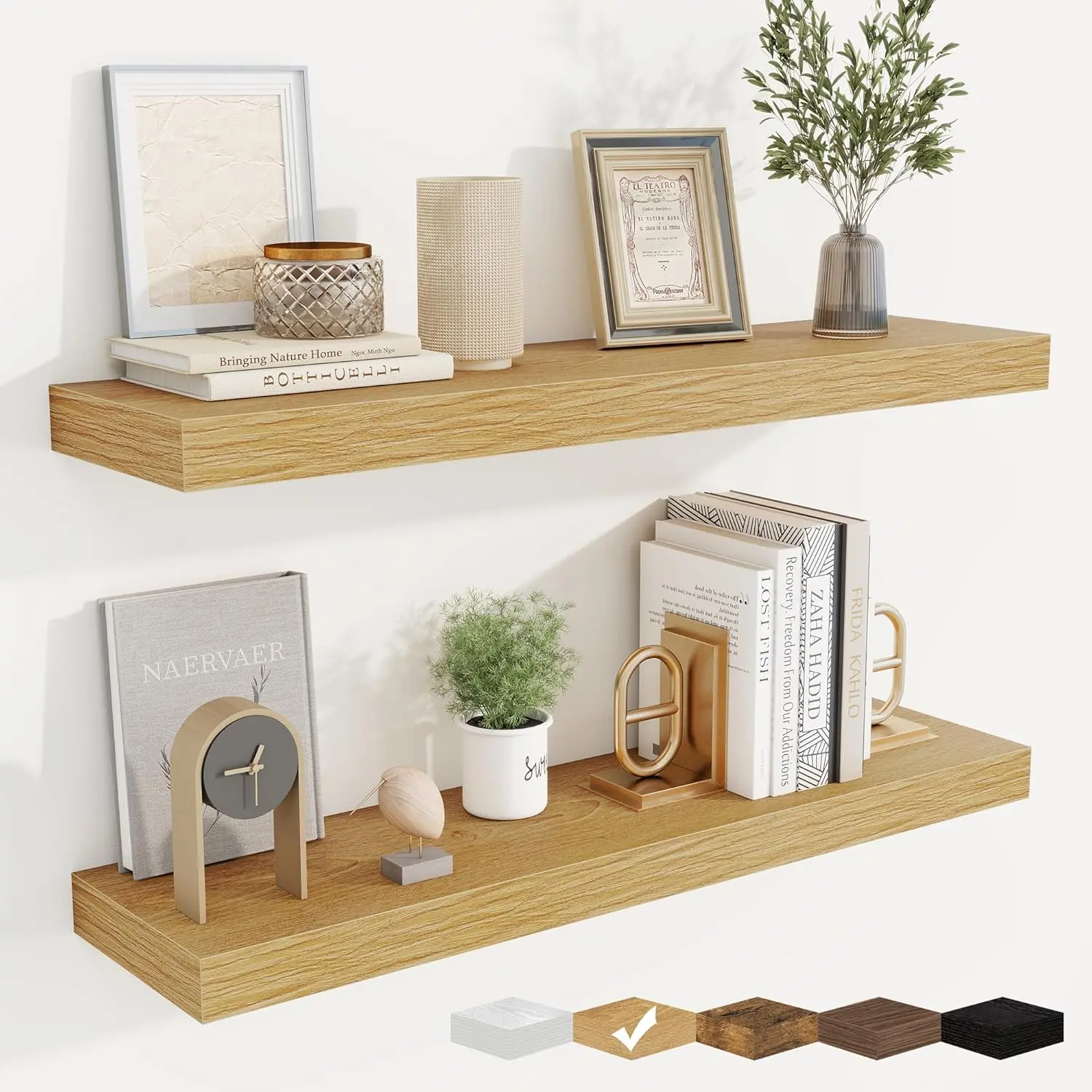 Wooden Floating Wall Shelves with Invisible Brackets - 30 Inch Farmhouse Minimalist Decor Set of 2, Oak for Living Room, Bedroom