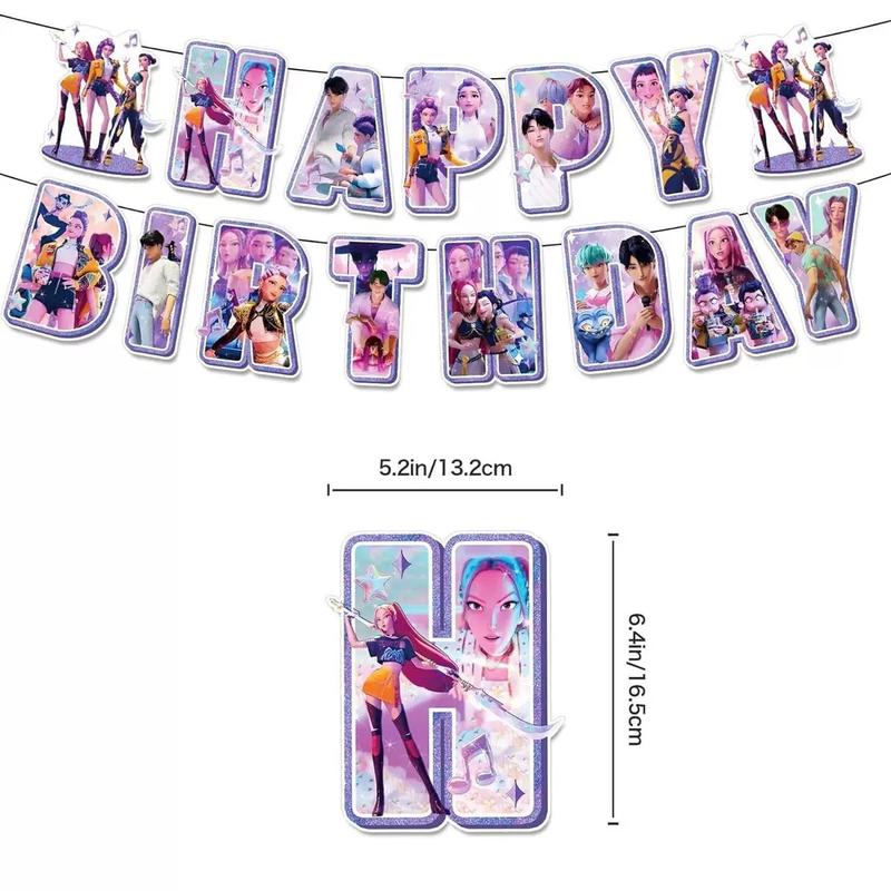 Kpop Birthday Party Decoration Set – Anime Demon Hunter Girls -Inspired Backdrop Banner, Balloons & Cake Toppers | Cool K-Pop Theme Party Supplies for Fans, Kids & Teens, Perfect Gift for K-pop Hunter Lovers