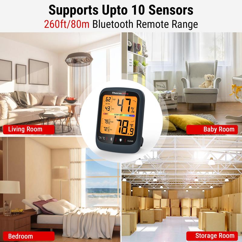 ThermoPro Bluetooth Hygrometer Thermometer TP350 & TP359W, Indoor Room, Home Temperature and Humidity Monitor, High Accuracy Sensor, App Alerts, Data Export, Backlit LCD, Max/Min Records ThermoPro Bluetooth Hygrometer Thermometer TP350 & TP359W, Indoor Room, Home Temperature and Humidity Monitor, High Accuracy Sensor, App Alerts, Data Export, Backlit LCD, Max/Min Records