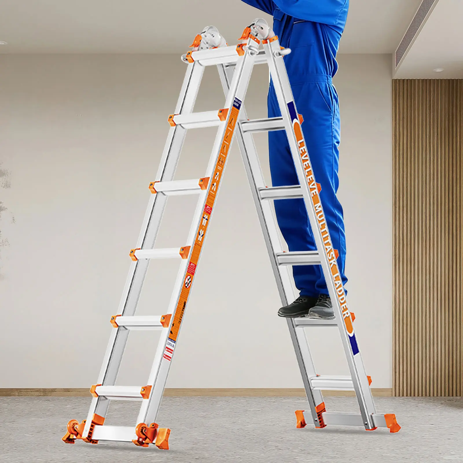 LEVELEVE Extendable Telescopic Multi-Position Ladder - Convertible Modes, A-Frame Step Ladder with Stabilizer Bars, Narrow Folded Width, 330LBS Load Capacity, Wheels, Safe for Home & Outdoor Roof Work, Extendable Telescopic Ladders