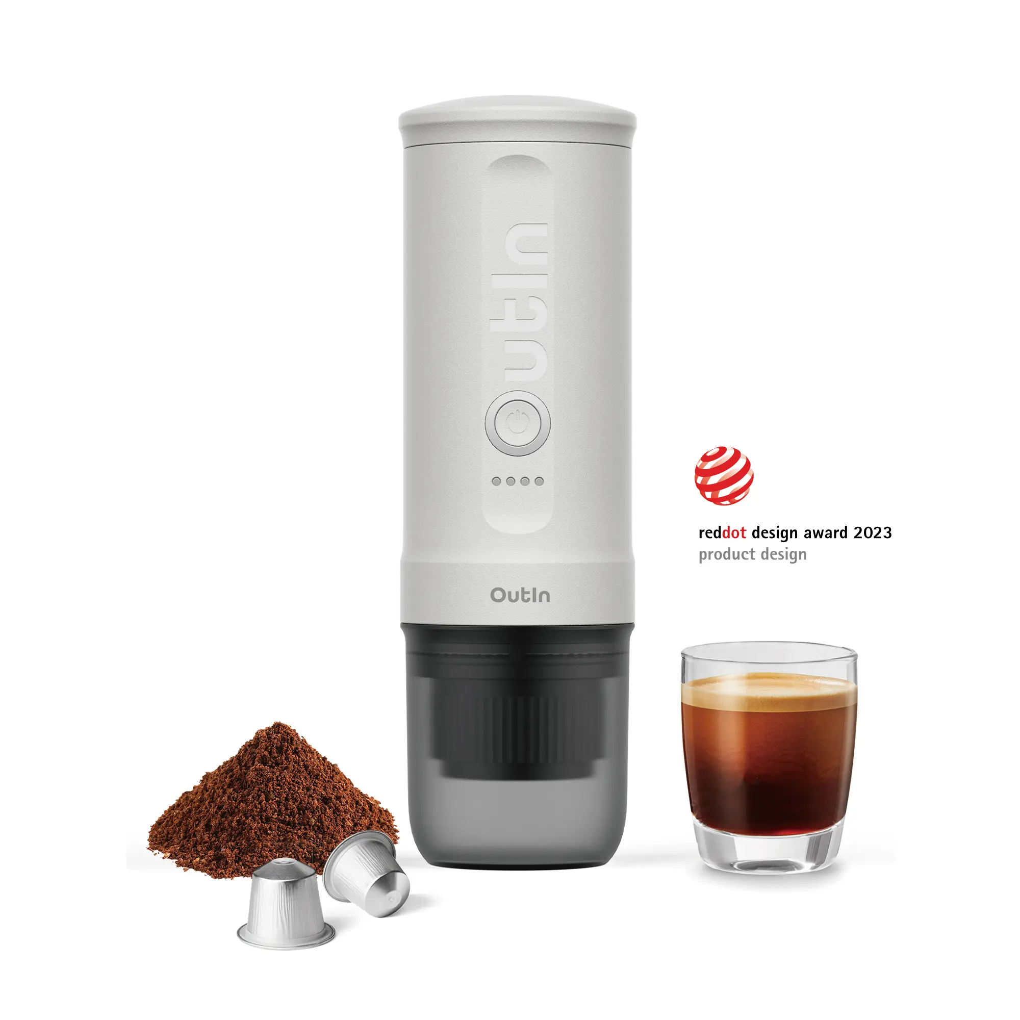 Outin Nano Portable Stainless Steel Espresso Machine (Pearl White) - Self-Heating Travel Compact Car Device, 12V/24V 20 Bar Capsule Model Compatible with NS Capsules & Ground Coffee, Ideal for Campfire-BBQ Parties