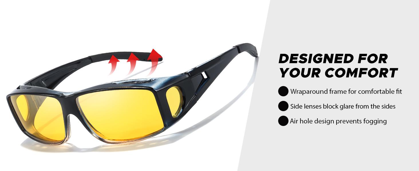 【Friend’s Pick】LVIOE Around Night-Vision Glasses, Fit Over Prescription Glasses with Polarized Yellow Lens Night-Driving Glasses