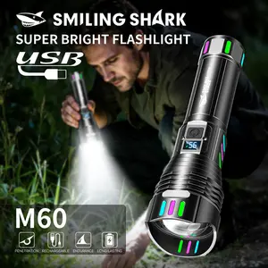 【SD-5432】SMILING SHARK Torch Light LED Rechargeable Flashlight 5Mode With Color Fluorescence Zoom Type-c 26700 Outdoor Hiking Night Camping Lighting
