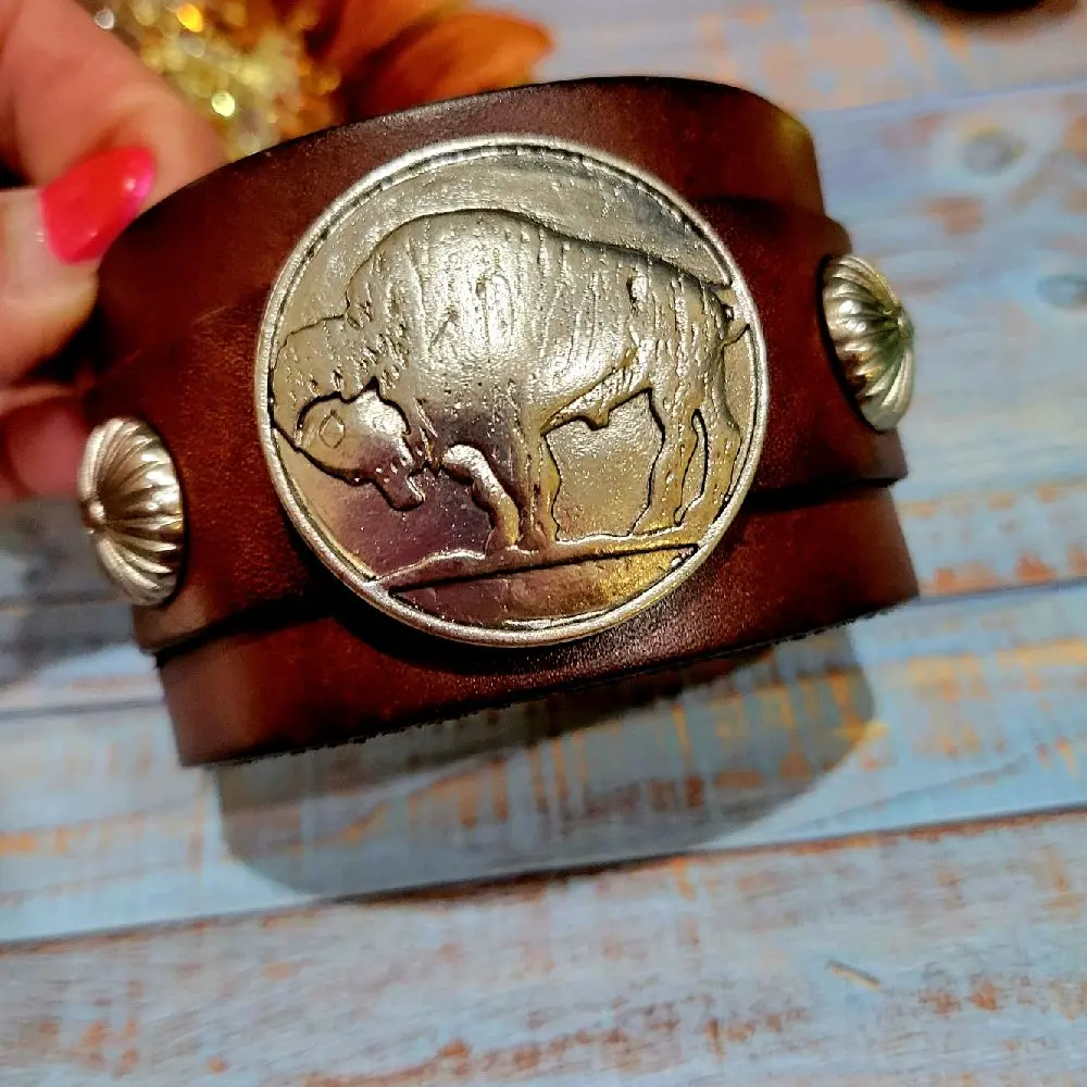 Western cuff bracelet bison concho genuine leather adjustable