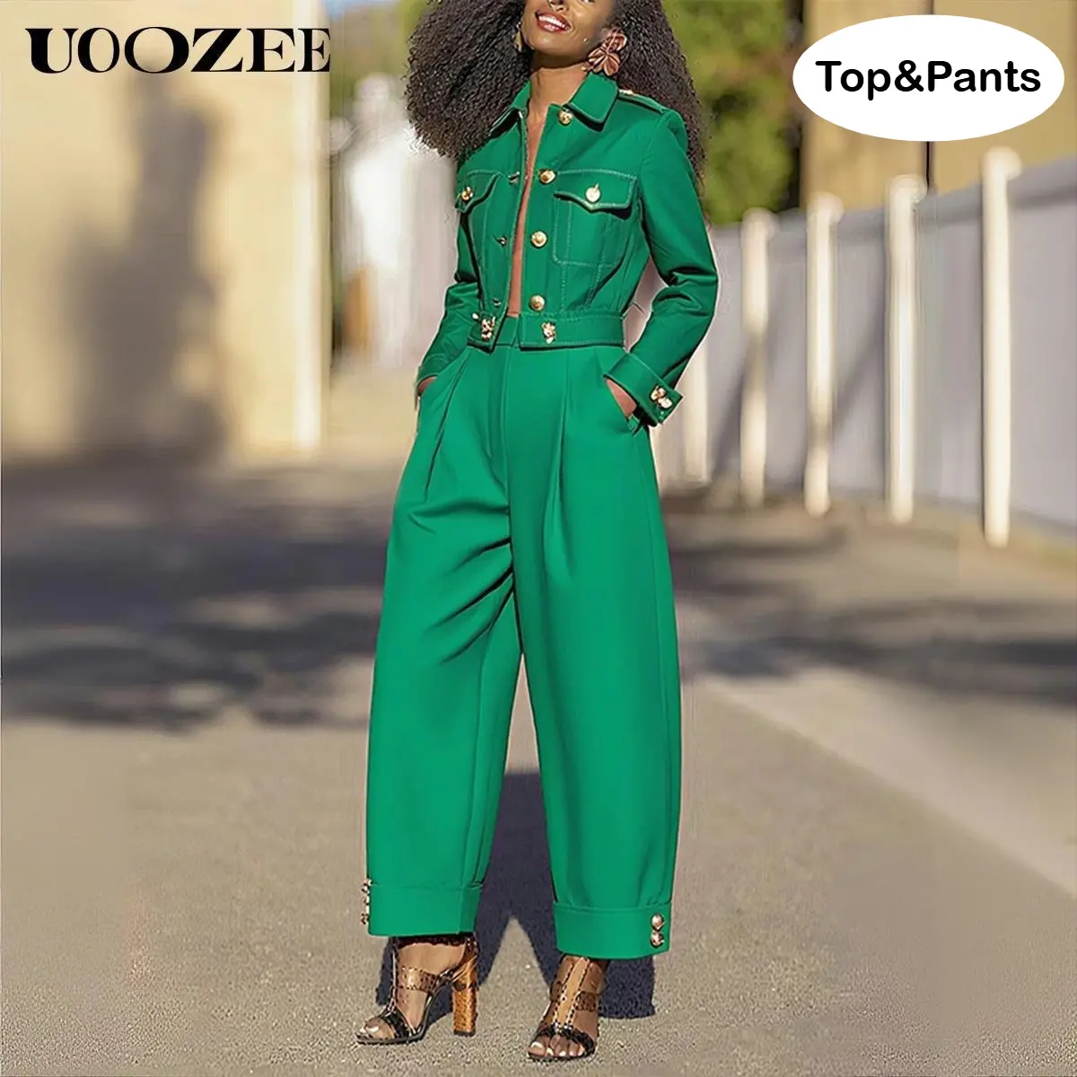 UOOZEE Women's Slim Elegant 2-Piece 100% Cotton Business Suit Set - Long-Sleeve Buttoned Lapel Jacket with Pockets, High-Waisted Pleated Leg Drape Pants, Warm Minimalist Thin Fabric, for Casual Office & Everyday Wear (Broad-Shouldered Wearers Size Up)