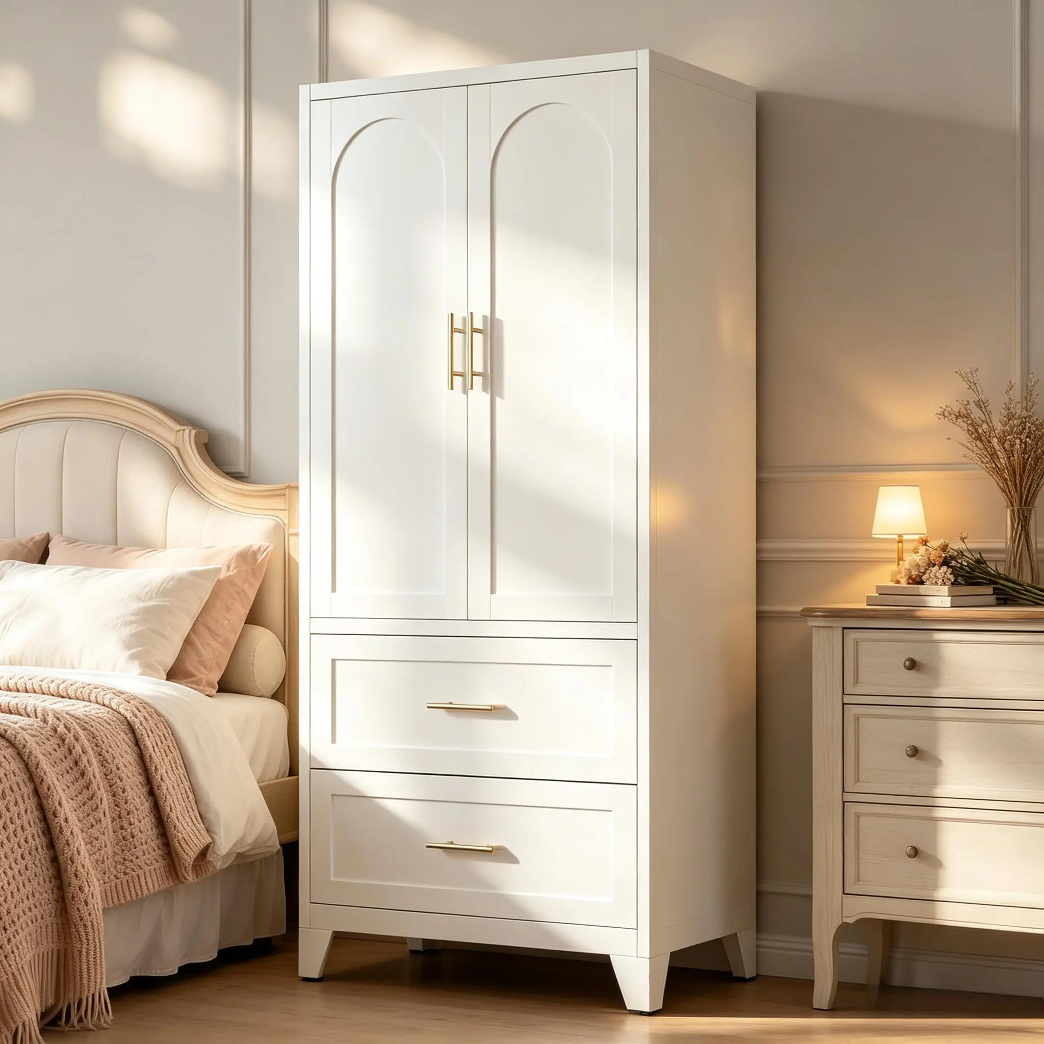 71 Tall White Metal Wardrobe Closet | 2 Doors, Hanging Rod, 2 Drawers, Adjustable Shelf, Anti-Tip Safety Device | Freestanding Storage Cabinet for Bedroom, Laundry Room, Apartment