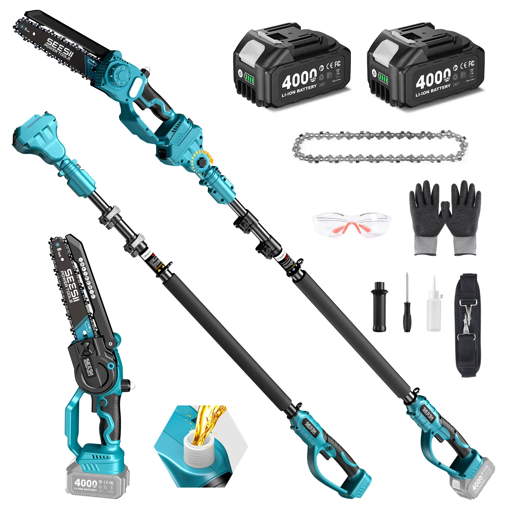 SEESII 2 in 1 Cordless Pole Saw & Mini Chainsaw with 2 Batteries, Power Electric Polesaw for Tree Trimming, Chain Saw with Extension Pole, Working height 16FT Reach, Limb Branch Cutter Pruner P8 Ace/P6 Ace CH800