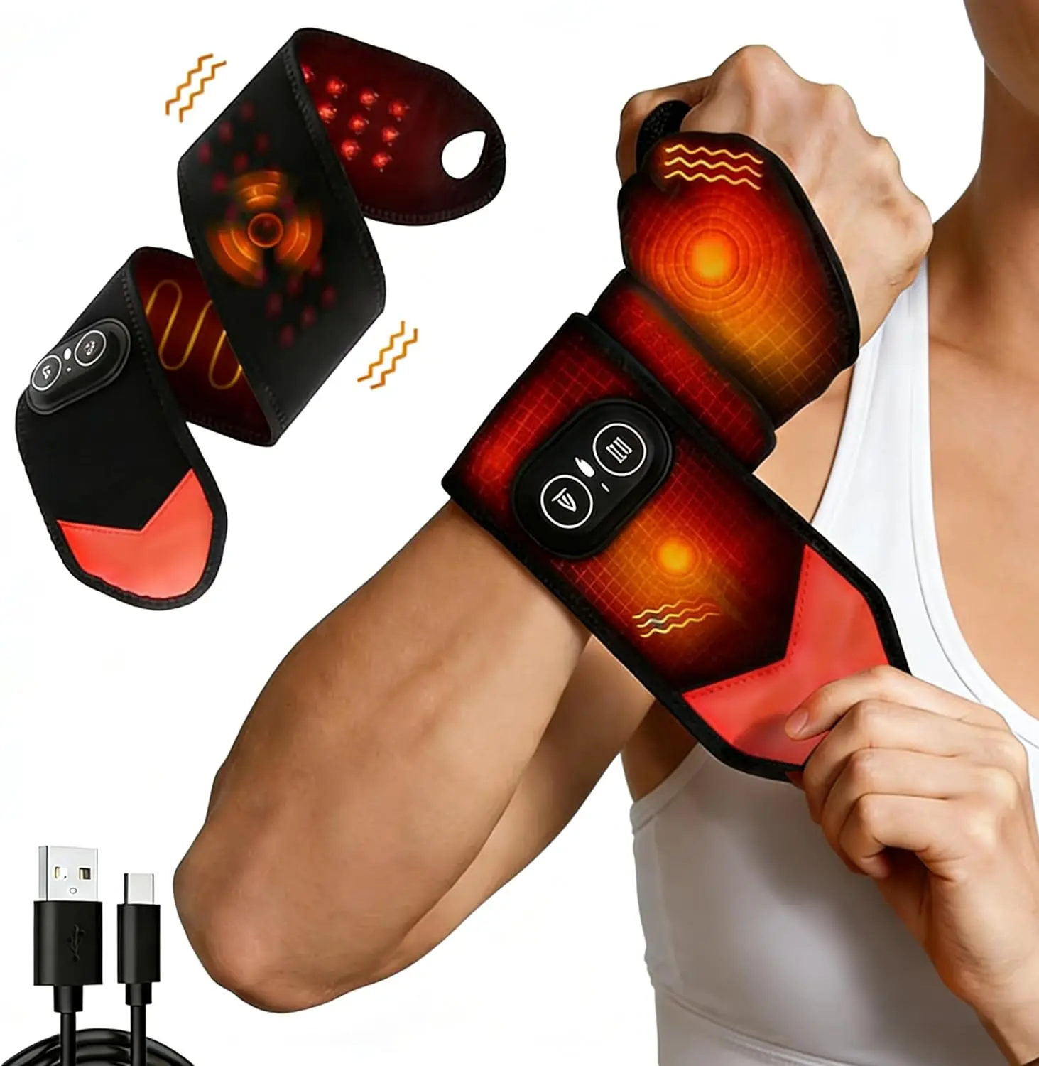 Red Light Heating Wrist Warmers, Heated Wrist Wrap, 3000mAh Rechargeable for Left and Right Hands,Electric Wrist Massager with 3 Heat and Vibration Settings, Gifts for Women and Men, Wearable Heating Pads