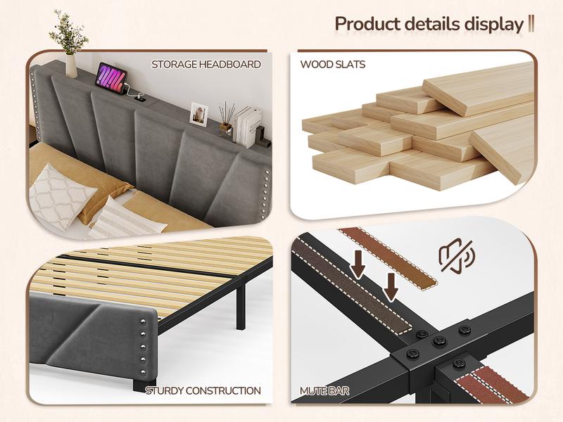 Bed Frame King Size with LED lIghts & Charging Station, Upholstered Queen Bed Frame with Shelves, Luxury Bedframe, Bedroom FurnitureNo Mattress, Noise Free, Holds 880LBS, Wood Slats & Metal Frame, Beige, Gray