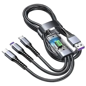 3 in 1 Fast Charging 4FT USB Cable, Transparent Luminous 100w Super Fast Charging Cable with LED Indicator, Durable Nylon braiding, Compatible With iPhone 14 13, Samsung, LG, Google Xiaomi Cellphone smartphone and more Type-C devices