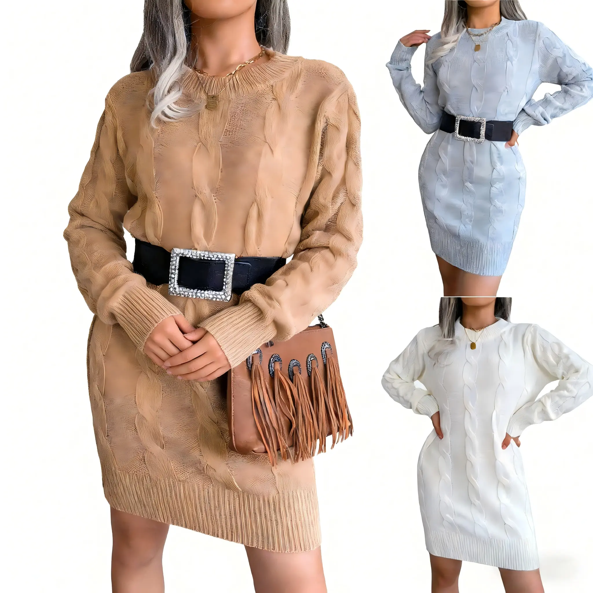 Autumn Winter Cable Knit Bodycon Sweater Dress Knitted Women's Wish in Soft Beige, Light Blue, and Pure White Options