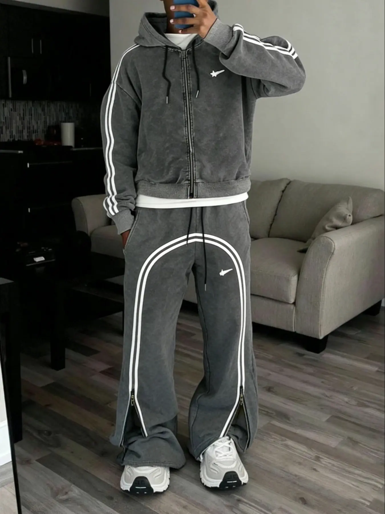 Oversized Loose Fit Vintage Casual Streetwear Set, Stripes Zipper Hoodie & Pants Combo, All-Season Comfortable, Trendy, Aesthetic // Colors
