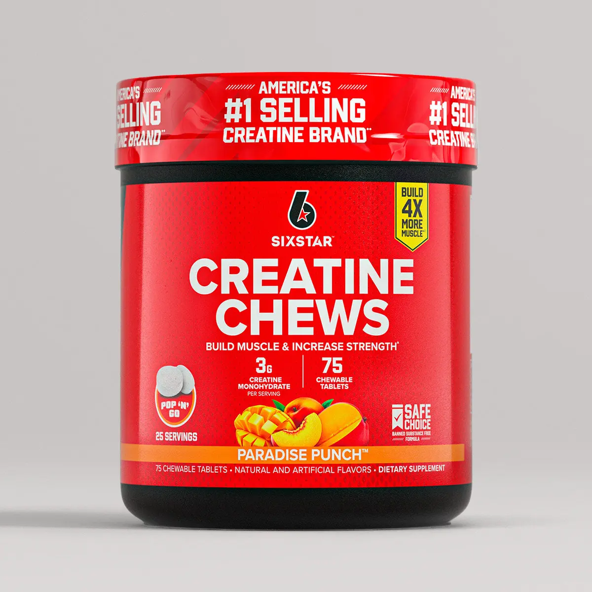 Six Star Creatine Chews Paradise Punch | 3g Pure Creatine Monohydrate per Serving | Compare to Creatine Gummies | Muscle Gain, Strength, Recovery, & Cognitive Health | 75 Chews