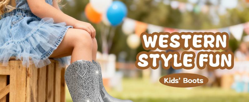 Sparkly Girls Cowgirl Boots Glitter Cowboy Dress Boots for Little to Big Kid Mid Calf Round Toe Birthday Horse Riding Pu Handles Celebrations