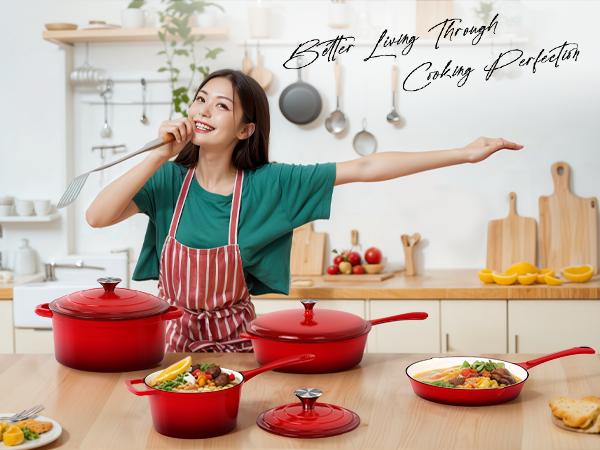 [Summer Vibes] Kitchen Academy Enamel Cast Iron 7 Piece Cookware Set, Dutch Oven Pot with Lid, Red Non Stick Pots and Pans set, Oven Safe up to 500°F Cooking Modern
