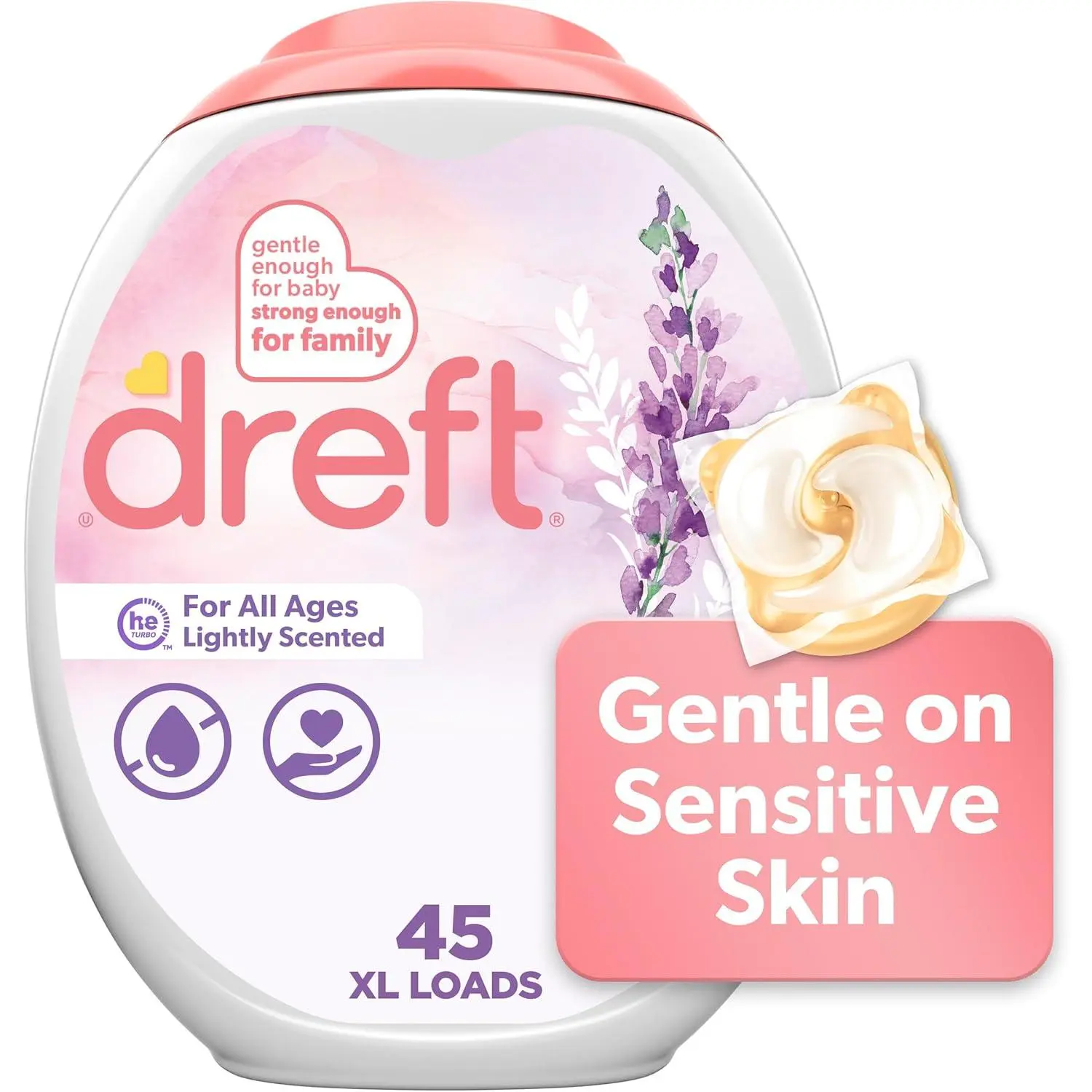 Dreft XL Laundry Detergent Pods - 45 Count (Pack of 1), Lavender Light Scent, Hypoallergenic, Dermatologist Tested, Dye-Free, Chlorine Bleach-Free, Gentle Care for Baby, Family-Safe, Clean, Odor Fight Wash, 45XL Loads, Pac Format