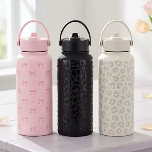 SANDJEST 32oz Portable Water Bottle with Flip Straw & Handle, Insulated Leak Proof Drinkware, Protective Silicone Base, Spring Mother's Day Gifts