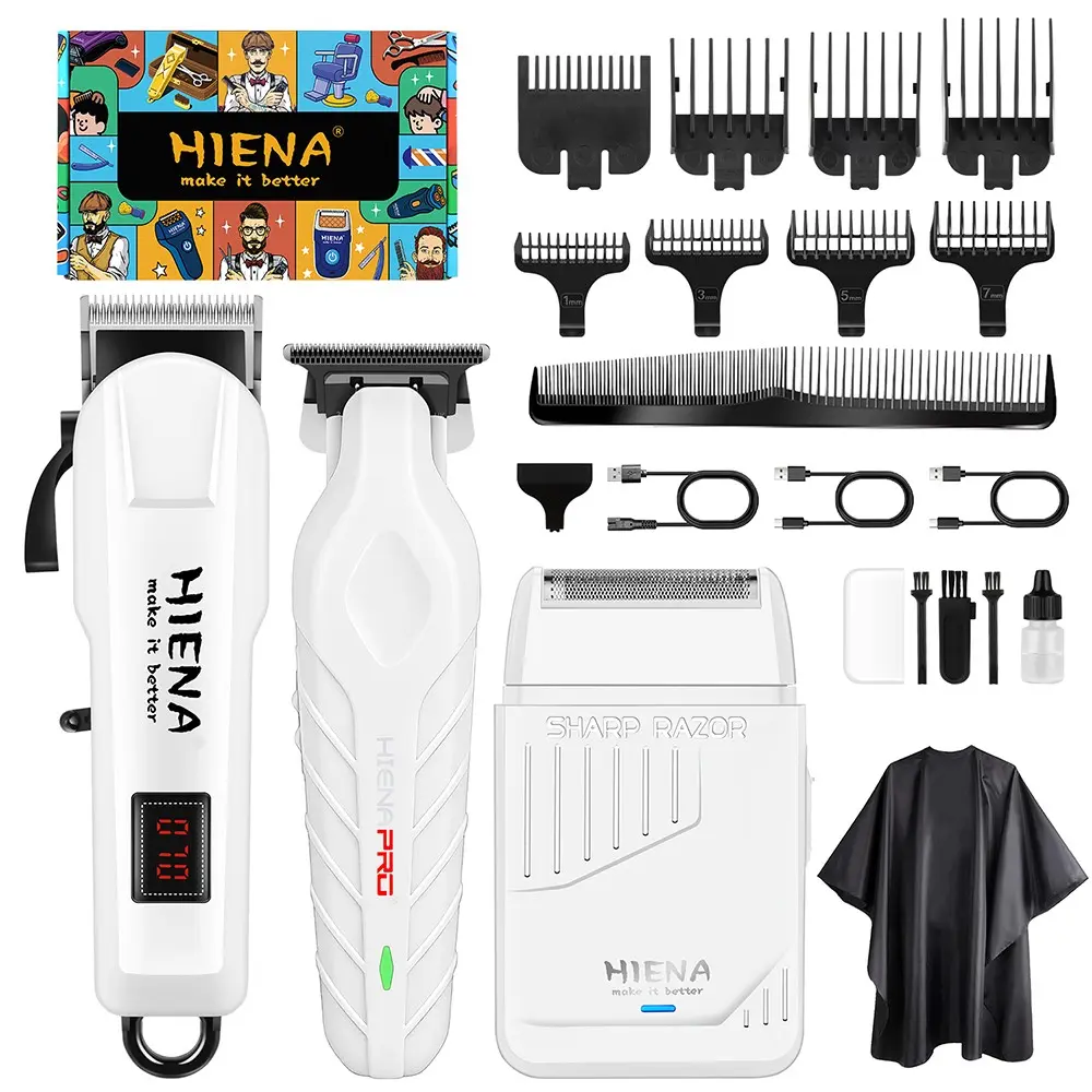 Professional hairdressing pure white three-piece set, Barber Kit: Hair Cutting Kit, Barber Tool, LED digital display Rechargeable professional hair clipper, professional beard trimmer, and professional razor to solve haircut difficulties at home