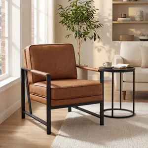 Costoffs PU Leather Accent Chair with Metal Frame, Retro Brown Accent Chair with Removable Pillow for Living Room, Bedroom and Home Office