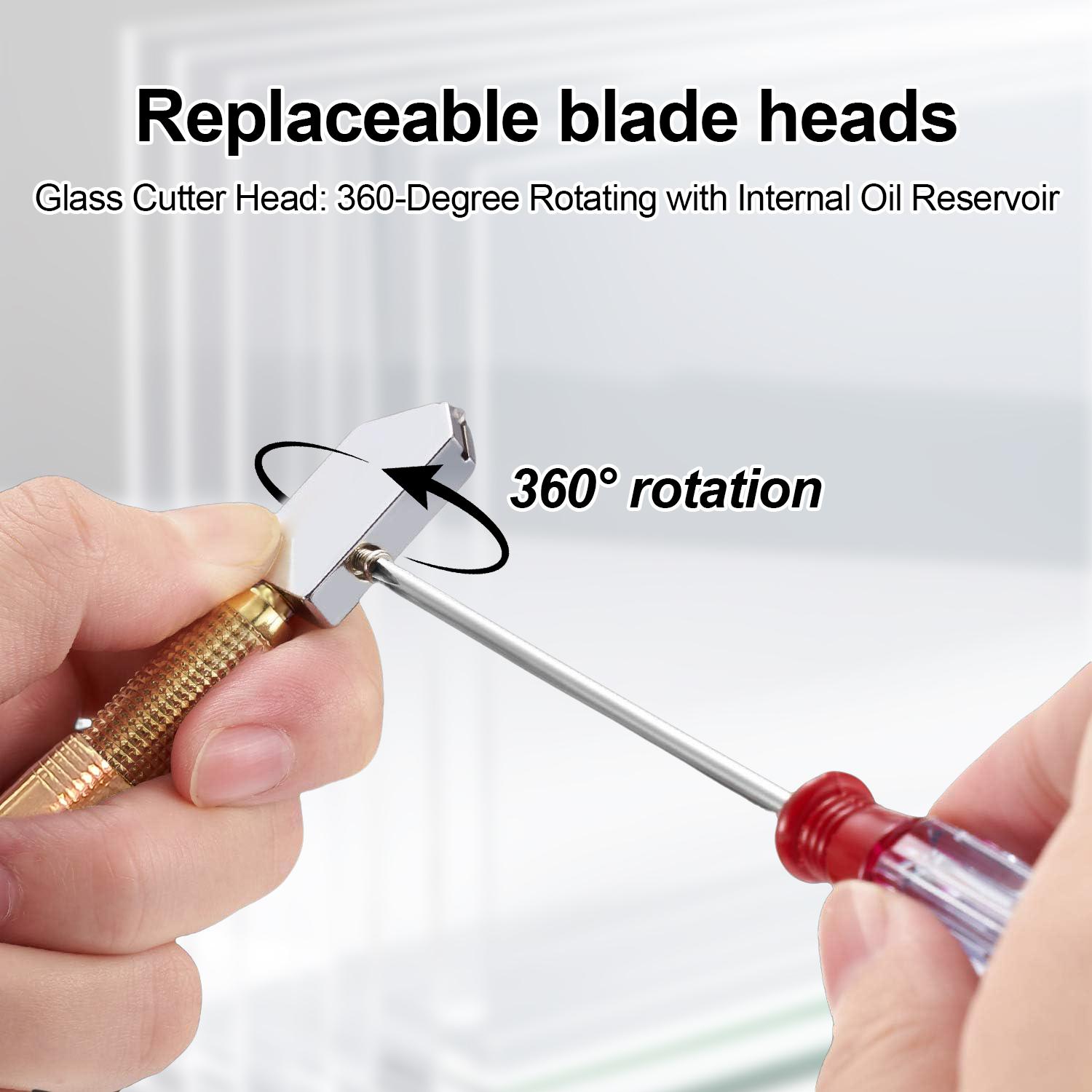 VAYWET Glass Cutter with Diamond Head & Steel Blade for 3-12mm Glass Professional Cutting, Anti-Skid Pencil Style Oil Feed Carbide Tip Golden Wheel 155mm Aluminum Metal Handle 3MM ALLOY LARGE WHEEL Work Tiles Mirror Cutting Hand tools