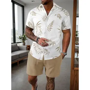 Men's leaf print drawstring waist shorts set, casual collar button short sleeved top and shorts set, men's suit, men's two-piece set, National Day costume, men's clothing
