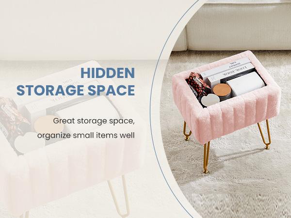 Sweetcrispy Store-Vanity Stool Chair with Storage, Ottoman Faux Fur Soft Padded Makeup Footstools Seat with 4 Metal Legs Anti-Slip Adjustable Feet