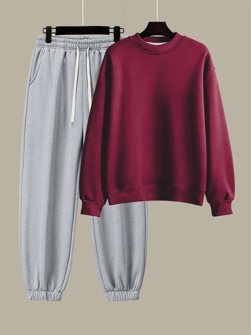 Men's Cotton Solid Color Casual Tracksuit Set Loose Fit Crew Neck Sweatshirt with Matching Jogger Pants for Fall Winter Comfortable Menswear Outfit for Outdoor Activities Sporty Commute Fitness and Relaxed Everyday Wear