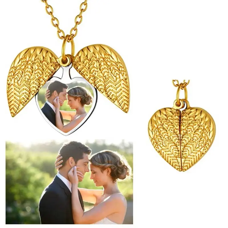 Angel Wings Heart Photo Locket Necklace – Memorial Keepsake Pendant for Loved Ones, Romantic Gift for Couples, Anniversary Wedding Valentine Gift, Sympathy Remembrance Jewelry, Picture Holder Charm Necklace