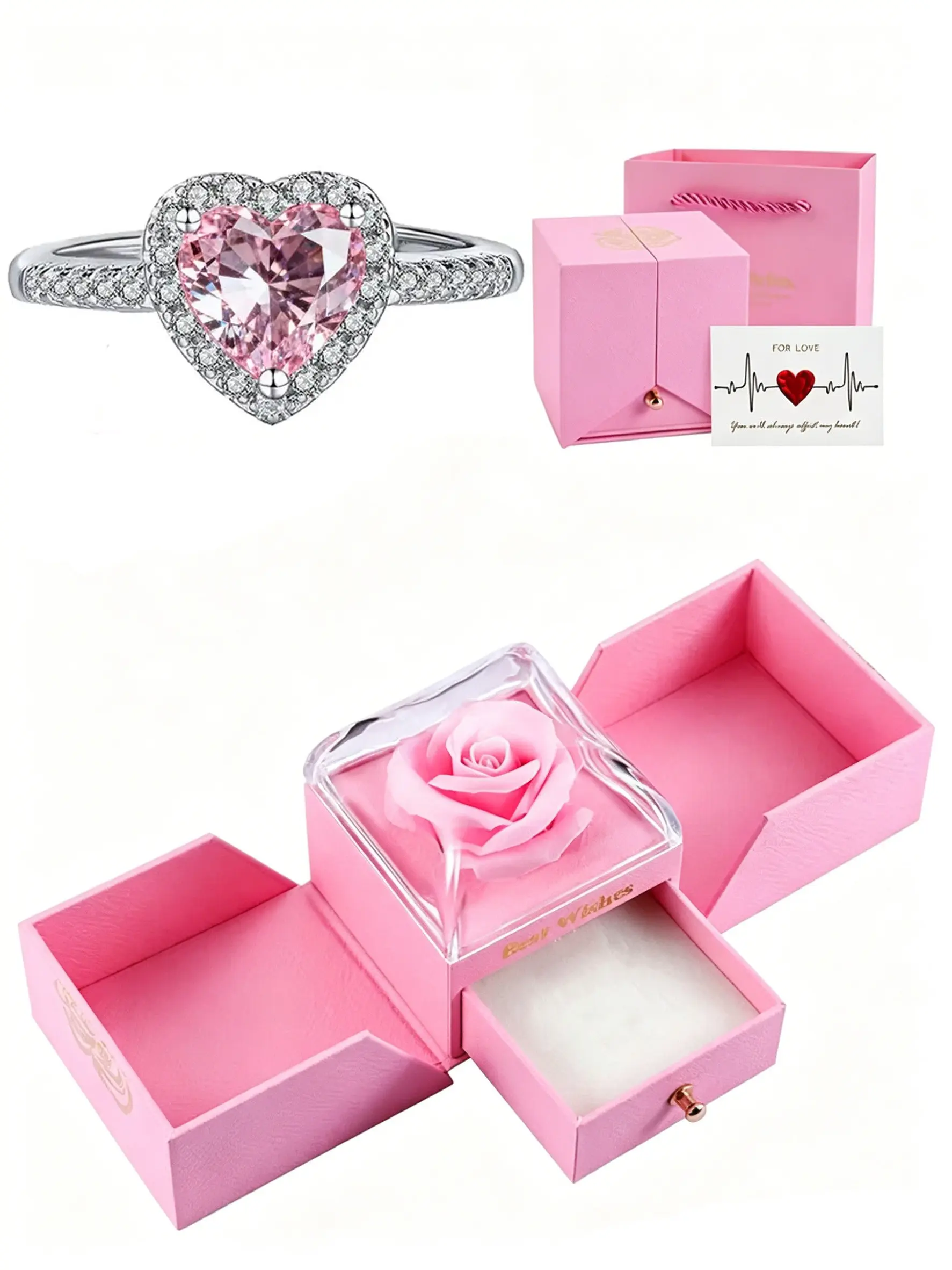 Luxury Heart Zircon Engagement Ring with Preserved Rose Box, Hypoallergenic Stainless Steel, Adjustable Sizes 6-12, Tarnish-Resistant, Adjustable Rings, Jewelry for Women, Perfect Valentine's/Anniversary Gift, Promise Ring for Girlfriend, Beautiful Rings