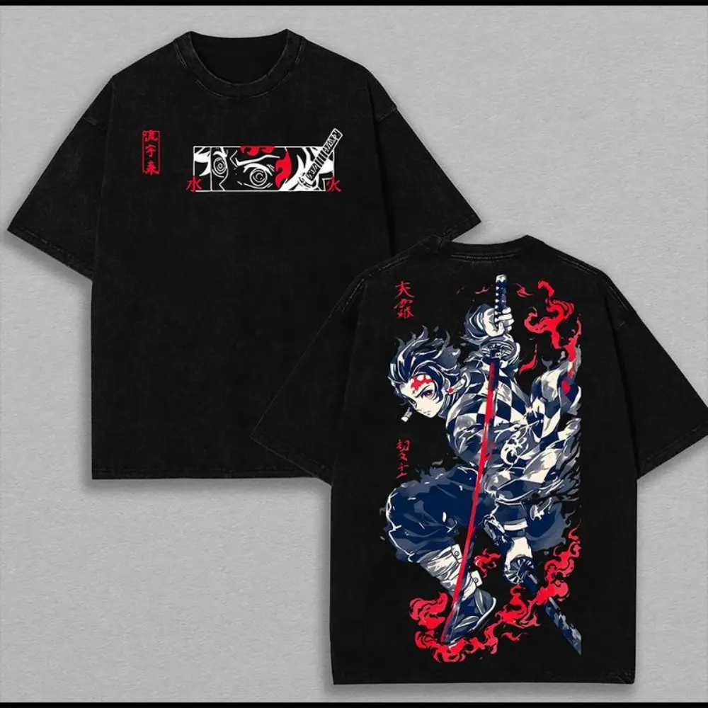 Tanjiro Kamado Fire Sun Water Breathing Demon Slayer Kimetsu No Yaiba anime manga Washed t-shirt hoodie 2 sided printing graphic tees 90s Top