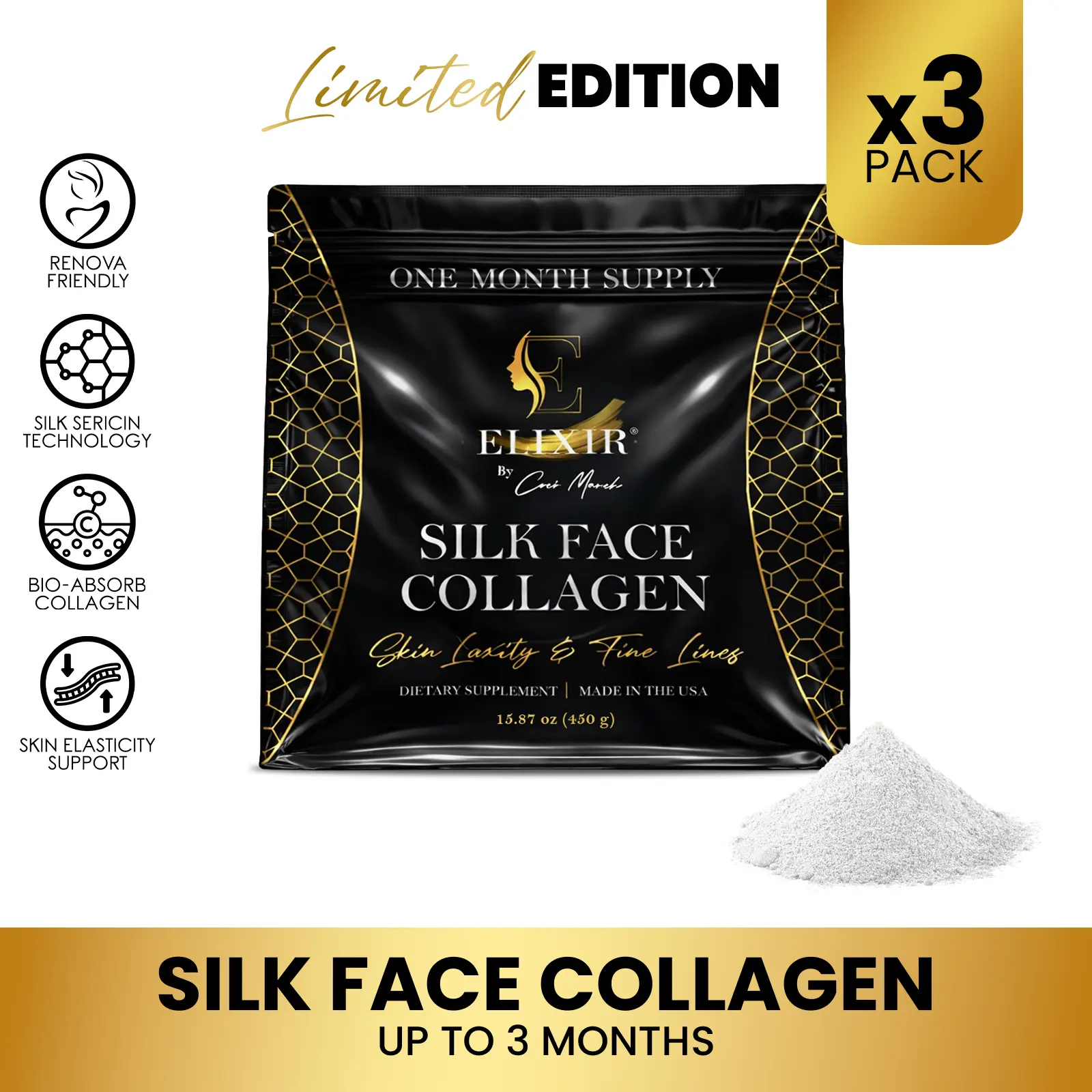 3 Pack of Cocó March Silk Face Collagen - Formulated for Face & Neck | Sericin-Activated Ultra Low Molecular Weight Collagen – Supports Skin Elasticity and Smooth Appearance – 14g Protein – 15.87 oz (450g) NO Taste-Dissolves Instantly