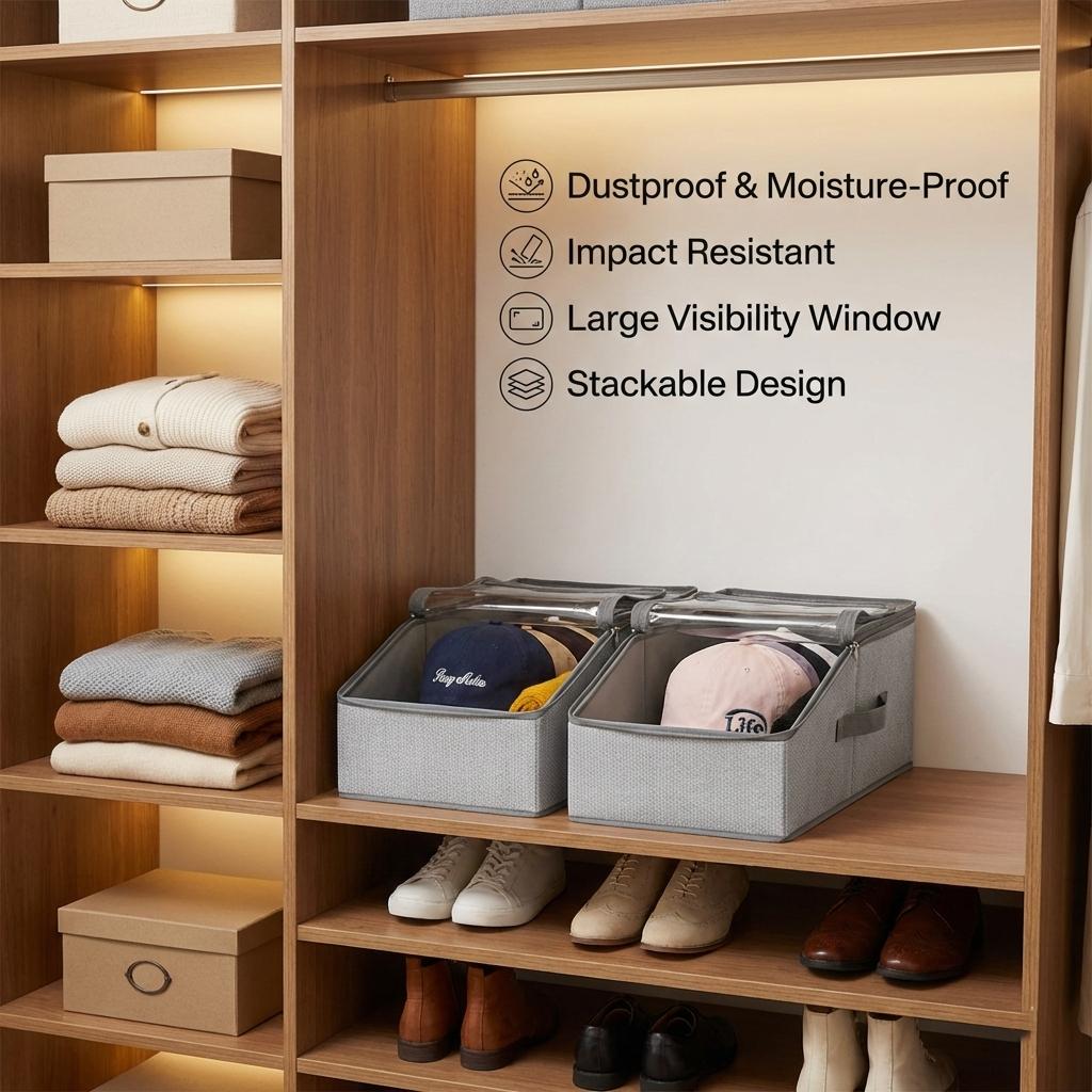 All-New Upgrade: Extra-Large View Window See your collection at a glance. Stackable Hat Storage Boxes for Baseball Caps, Give your 15+ hats a home that’s as stylish as they are. Large Clear Window, Closet Organizer for Men, The best gift