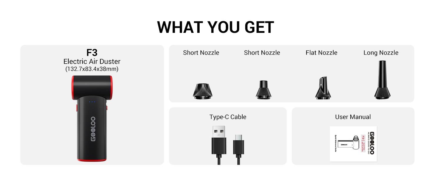 GOOLOO F3 Electric Air Duster- 110000RPM 52m/s Super Power Compressed Air, Variable Speed Canned Air with Fast Charging, Mini Dust Blower for Computer, Keyboard, House, Outdoor and Car