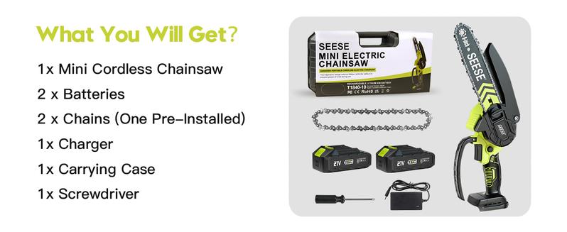 SEESE Brushless Mini ChainSaw - Portable Electric Cordless Saw for Wood Cutting, Batteries (2000mAh) ,Pruning, Gardening, Camping - Suitable for Seniors, Women